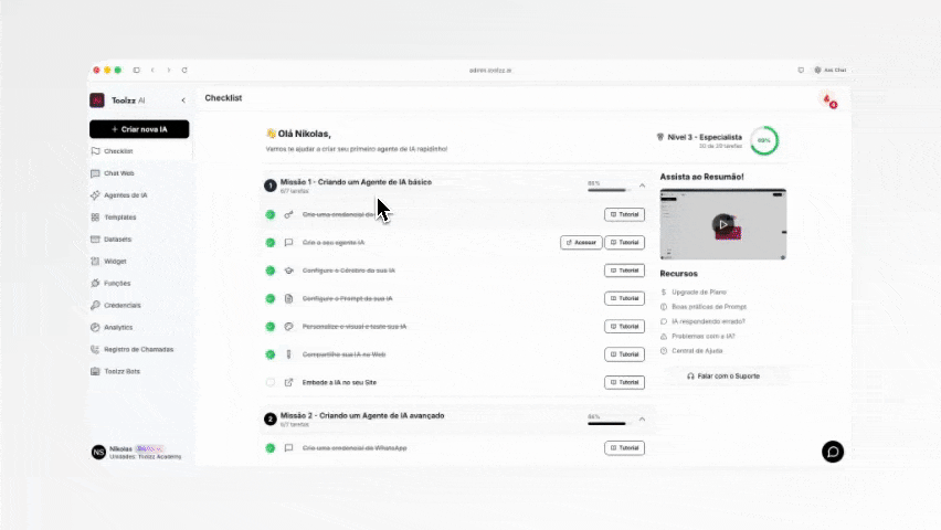Toolzz AI — plataforma no-code com checklist e templates para criar agentes de IA