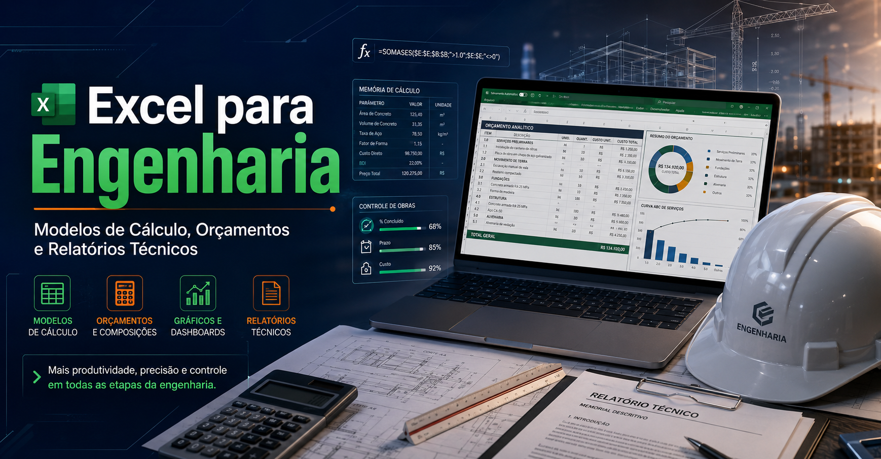 Capa do curso Excel para Engenharia: Modelos de Cálculo, Orçamentos e Relatórios Técnicos