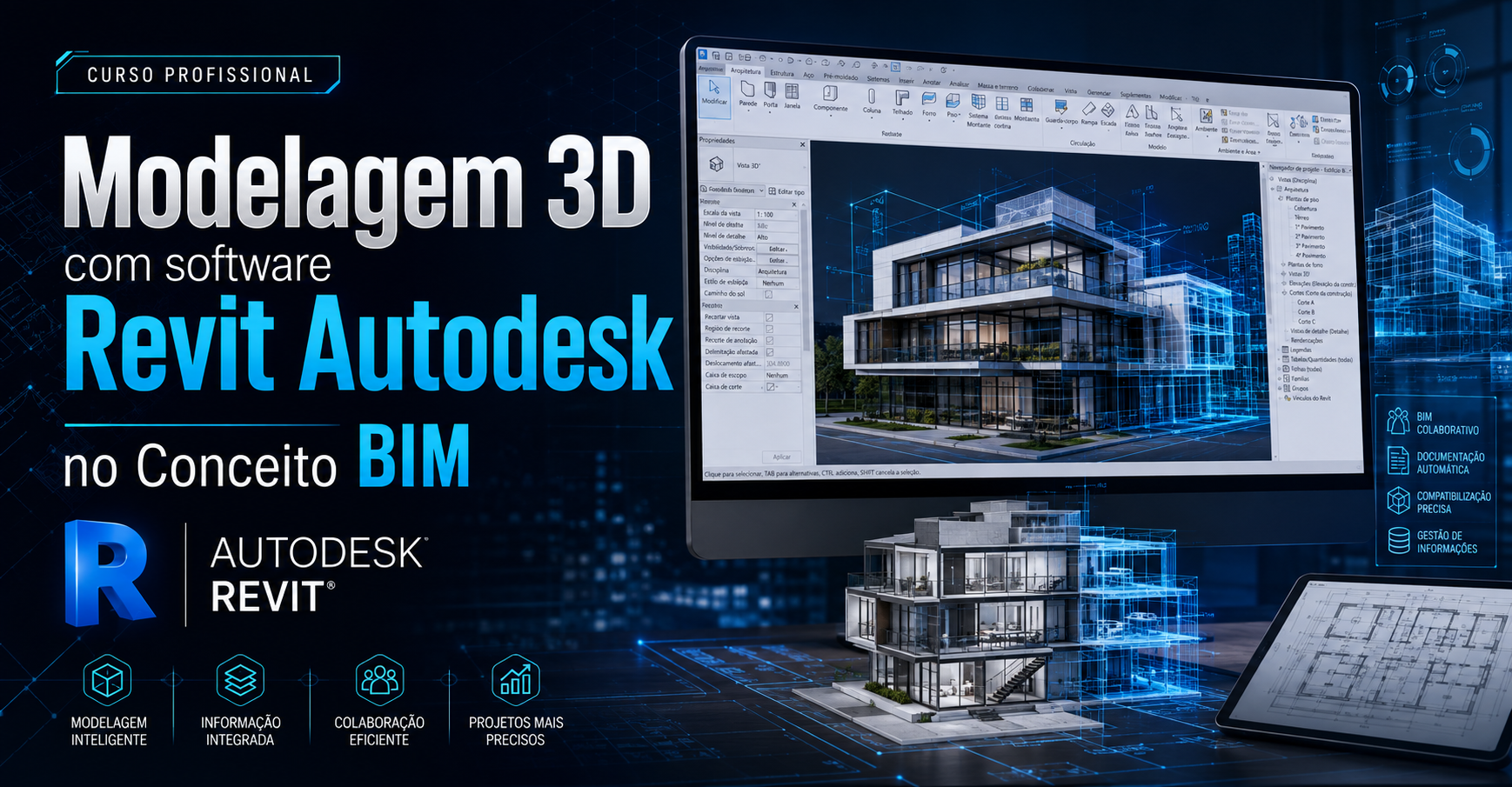 Capa do curso Modelagem 3D com software Revit Autodesk no Conceito BIM