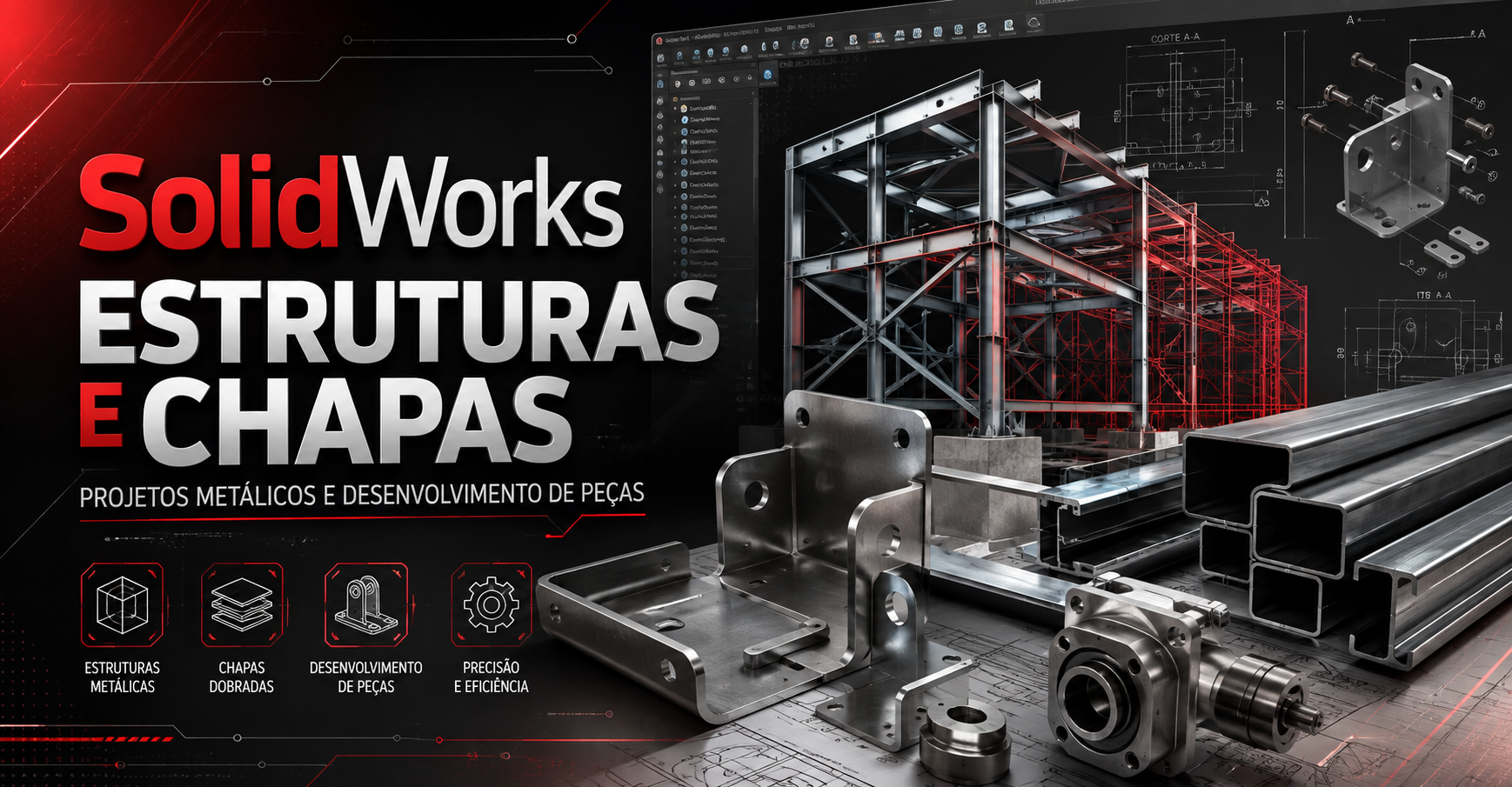 Capa do curso SolidWorks Estruturas e Chapas: Projetos Metálicos e Desenvolvimento de Peças