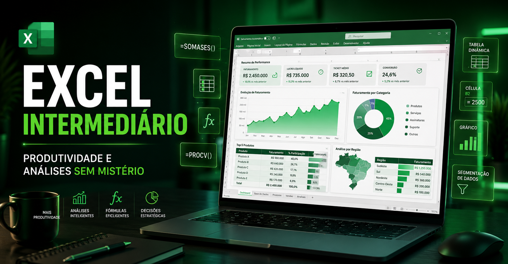 Capa do curso Excel Intermediário: Produtividade e Análises Sem Mistério
