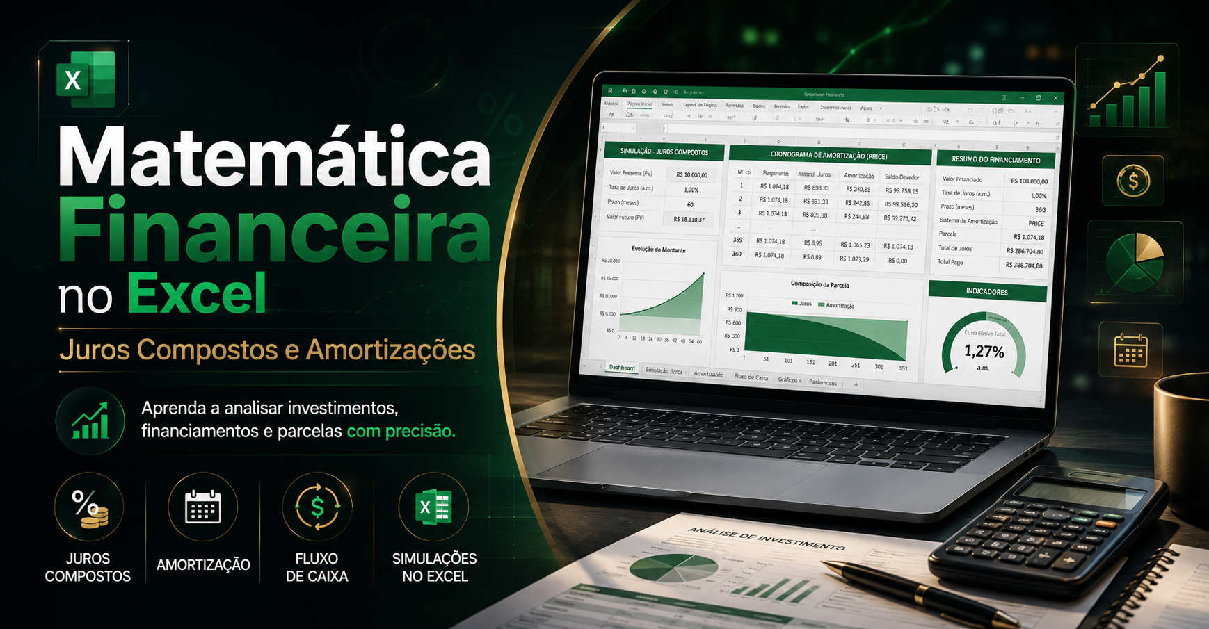 Capa do curso Matemática Financeira no Excel: Juros Compostos e Amortizações