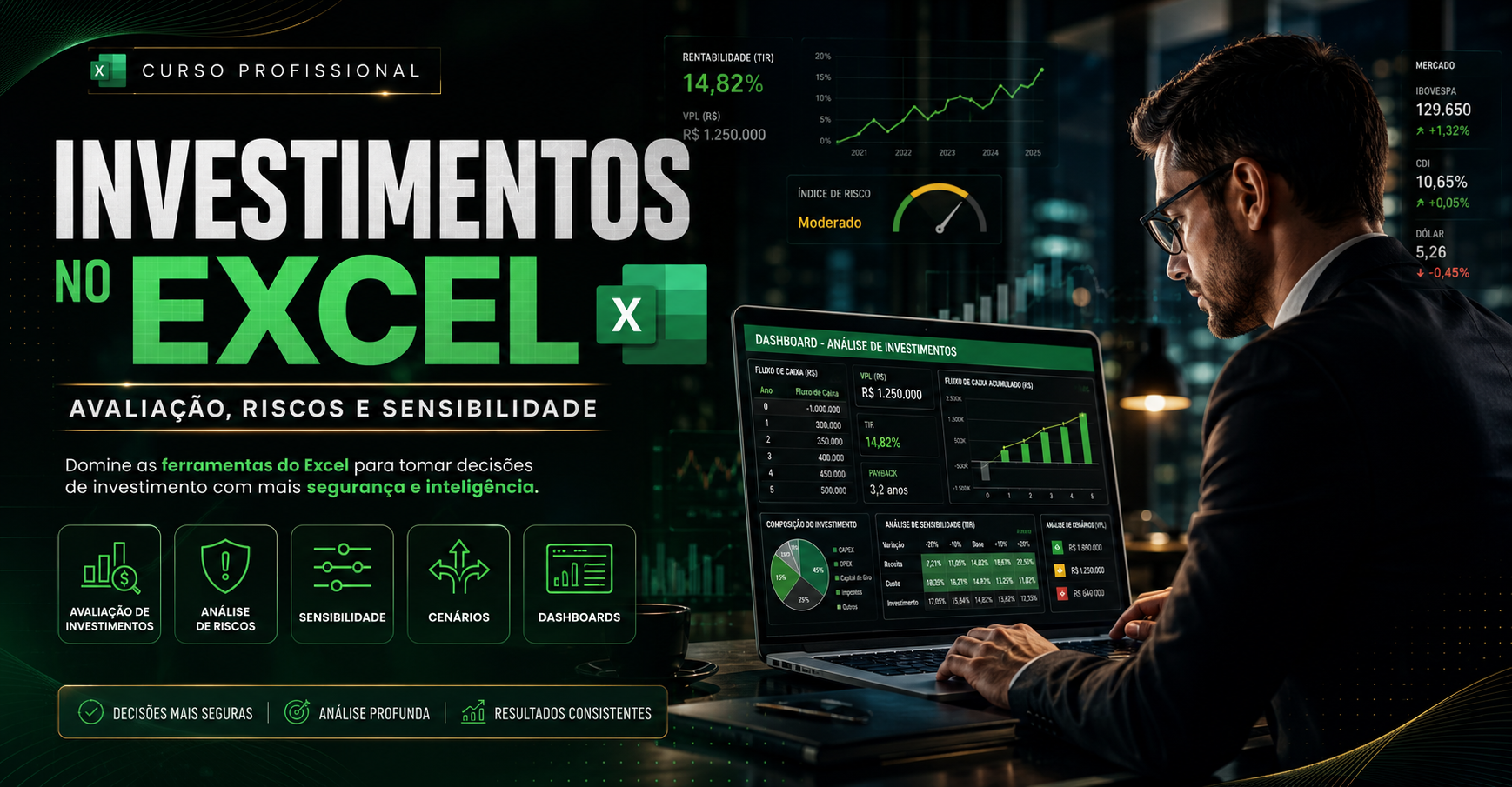 Capa do curso Investimentos no Excel: Avaliação, Riscos e Sensibilidade