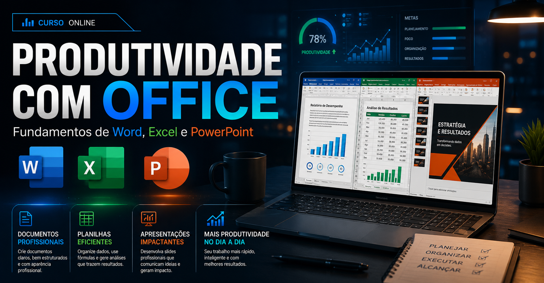 Capa do curso Produtividade com Office: Fundamentos de Word, Excel e PowerPoint