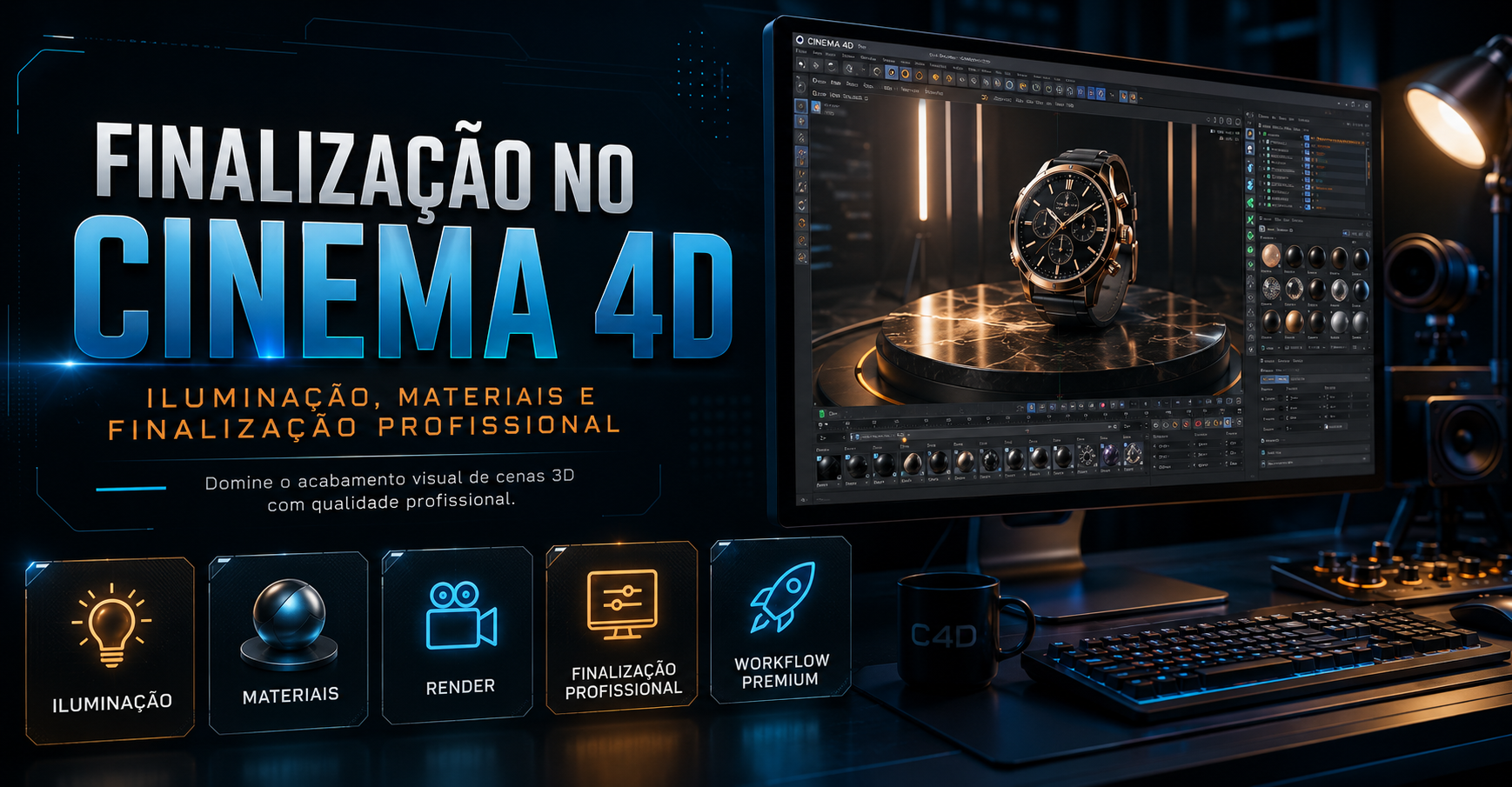 Capa do curso Finalização no Cinema 4D: Iluminação, Materiais e Finalização Profissional